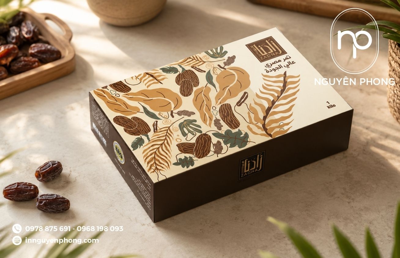Mẫu in hộp chà là in logo 